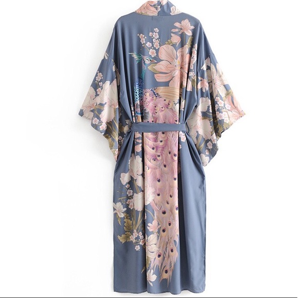 Boho Peacock Bird Of Paradise Kimono, Dusty Blue - Picture 5 of 10